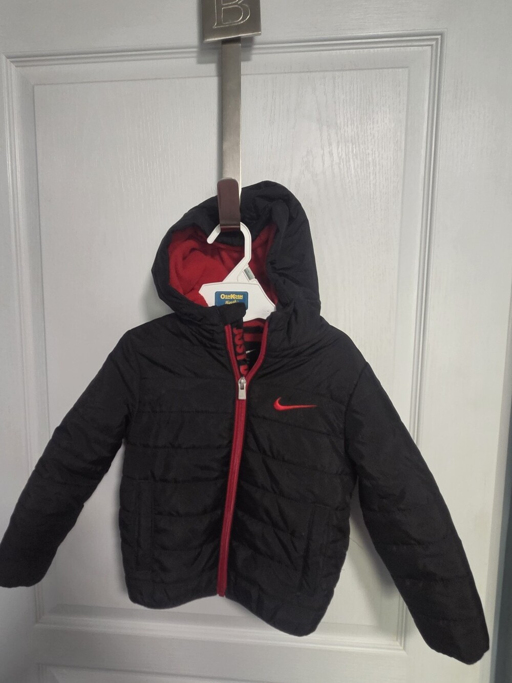 Nike Swoosh Puffer Jacket Winter Black Red Quilted Hood Toddler 3T